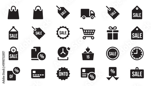 Sales and discount icons including tags, truck, gift, clock, card.