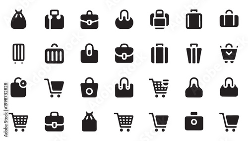 Large set of various travel bags briefcases shopping carts and accessory icons for business.