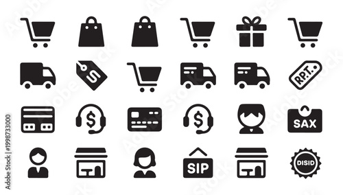 Commercial retail icons for shop management and customer purchasing experience enhancement.