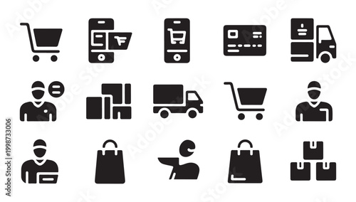 Shopping and delivery icons. set of black and white shopping and delivery symbols.