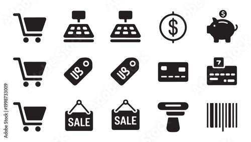 Retail and commerce icons. set of black and white shopping and money symbols.