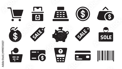Shopping and financial icons. set of black and white e-commerce and money symbols.
