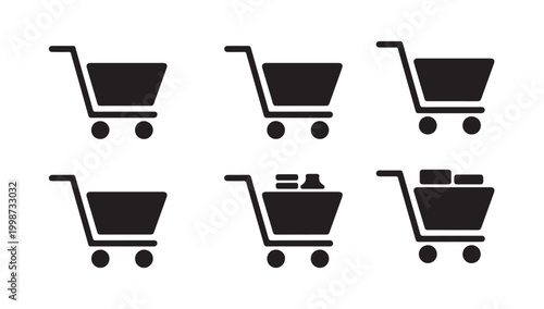 Set of shopping cart icons. black and white vector illustration of empty and full carts.