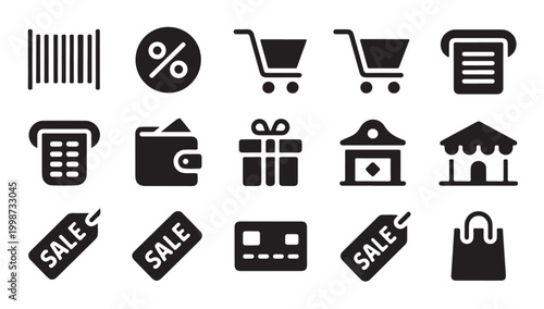 Shopping icons set barcode percent shopping cart gift tag and wallet.