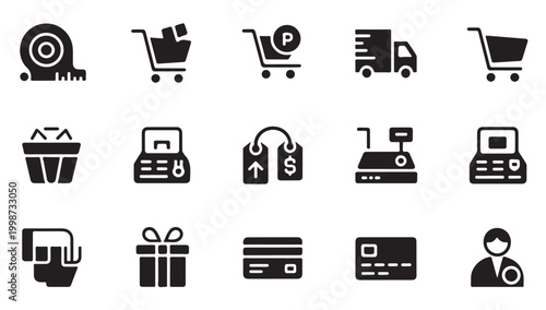 Retail and commerce icons set measuring tape cart delivery truck and POS.