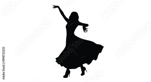 Dynamic black silhouette of a female dancer in a flowing dress, showcasing an expressive and artistic pose, embodying grace and movement in performance