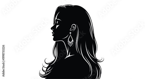Captivating silhouette of a sophisticated woman in profile, showcasing elegant long hair and a distinctive earring, ideal for beauty and fashion concepts