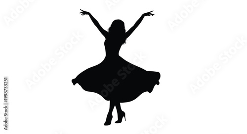 Silhouette of a dancer in a flowing dress with arms raised in a graceful pose