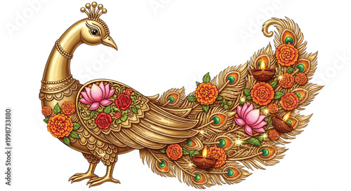 Golden peacock adorned with floral motifs and diyas, symbolizing prosperity and auspiciousness for festivals and celebrations