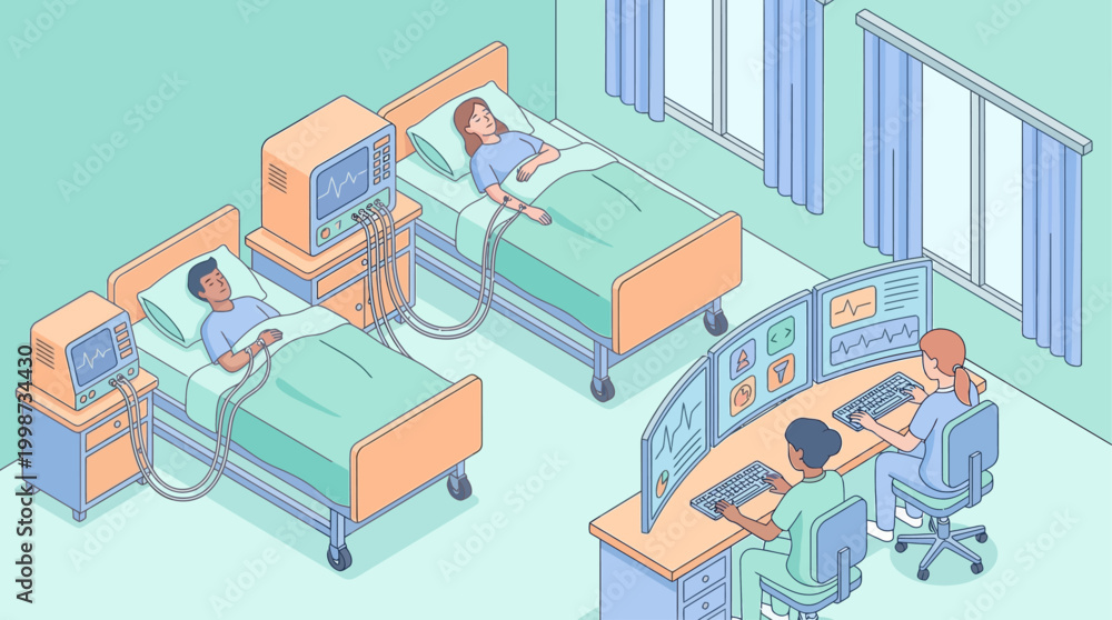 Obraz premium Isometric Hospital Ward Illustration with Patients and Medical Staff Monitoring Digital Health Data