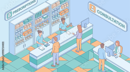 Isometric Pharmacy Interior Design with Pharmacists and Customers, Healthcare Service Concept for Medical Infographics and Web Design