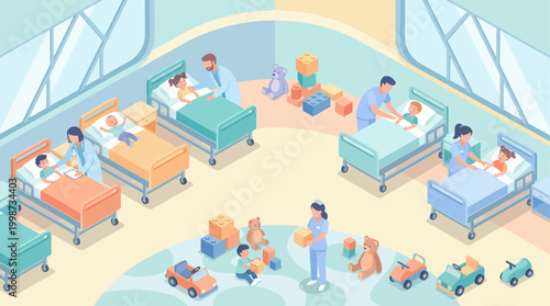 Isometric Pediatric Hospital Ward Illustration with Doctors, Nurses, and Children in Playroom. Healthcare concept for medical presentation, clinic website, or children health infographic.