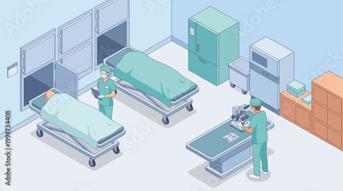 Isometric Hospital Morgue Layout with Medical Professionals, Pathologists, and Autopsy Equipment, Flat Vector Illustration for Healthcare Infographics and Medical Research Presentation