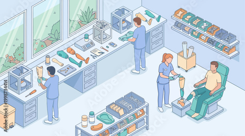 Isometric Hospital Prosthetics Lab with 3D Printing Technology, Medical Specialists and Patient Fitting Artificial Limb, Modern Healthcare Clinic Infographic Vector Illustration