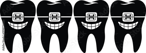 Four happy cartoon teeth with braces smiling in a row, black and white