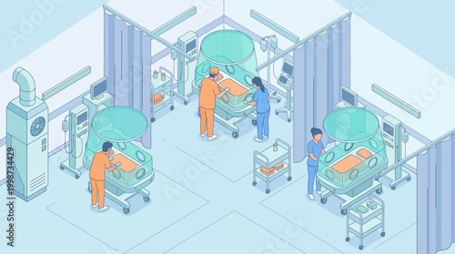 Isometric Hospital Neonatal Intensive Care Unit NICU with Doctors and Incubators for Healthcare Infographic or Medical Presentation