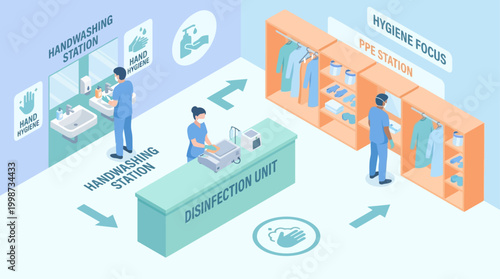 Isometric Hospital Hygiene and Disinfection Station Infographic with Medical Staff, PPE and Handwashing Procedures for Healthcare Facility Safety and Sanitation Training
