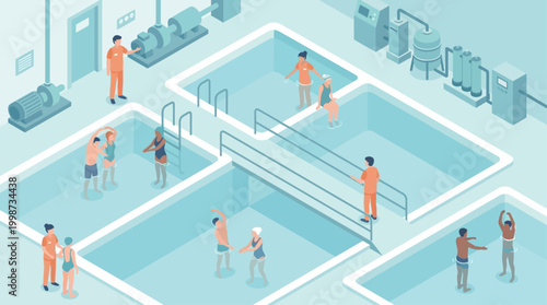 Isometric Hydrotherapy Rehabilitation Center with Patients and Physical Therapists for Medical Recovery and Physical Therapy Presentation