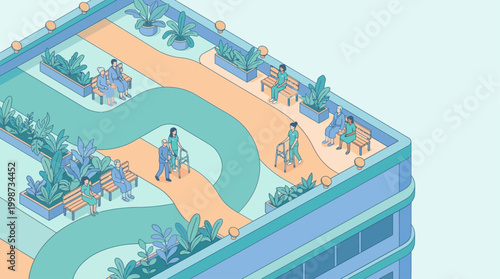 Isometric Hospital Garden Layout with Medical Staff and Patients, Flat Vector Illustration for Healthcare Architecture and Elderly Care Facility Design