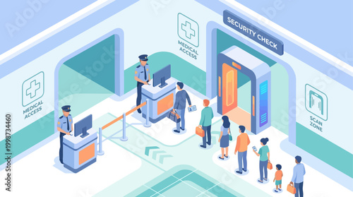 Isometric Hospital Security Checkpoint with People Queuing for Medical Access, Vector Illustration for Healthcare Facility Management and Safety Protocols