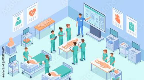 Isometric Medical Training Hospital Room with Doctors and Nurses Teaching Healthcare Students, Clinical Education Environment for Medical Presentation and Healthcare Infographic Design