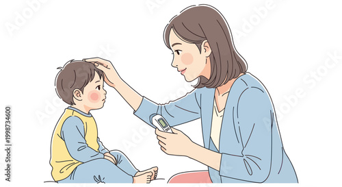 Mother checking child's temperature with thermometer, care and health concept