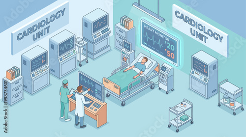 Isometric Cardiology Unit Hospital Room with Medical Staff and Patient Monitoring Equipment for Healthcare Infographics and Medical Presentations