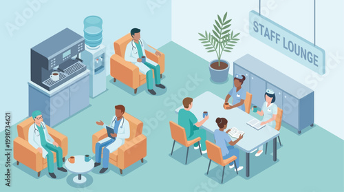 Isometric Hospital Staff Lounge with Doctors and Nurses Taking a Break, Healthcare Professional Collaboration and Wellness Concept for Medical Presentation or Corporate Design