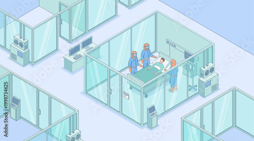 Isometric Hospital ICU Room with Medical Staff Treating Patient in Protective Gear, Healthcare Facility Interior Design for Pandemic Response Presentation