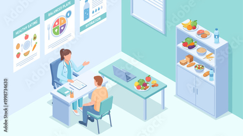 Isometric Hospital Nutritionist Consultation with Patient, Healthy Diet Counseling and Medical Advice, Modern Clinical Interior with Food Charts, Vector Illustration for Healthcare Presentation