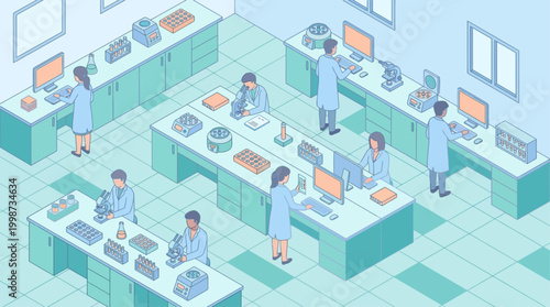 Isometric Hospital Laboratory Research Center with Scientists Working on Medical Testing and Analysis