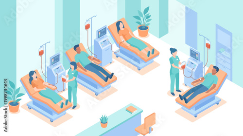 Isometric Hospital Blood Donation Center with Medical Staff and Patients, Flat Vector Illustration for Healthcare Infographics and Medical Presentation