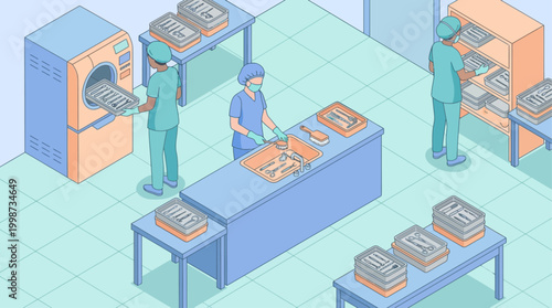 Isometric Hospital CSSD Sterilization Department with Medical Staff Cleaning Surgical Instruments in Sterile Clinic Environment for Healthcare Infographic