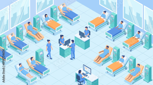 Isometric Hospital Dialysis Center Interior with Medical Staff and Patients in Treatment, Vector Illustration for Healthcare Infographics and Medical Facility Design
