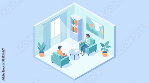 Isometric Hospital Consultation Room with Doctor and Patient, Mental Health Counseling or Medical Appointment Concept, Flat Vector Illustration for Healthcare Presentation and Web Design