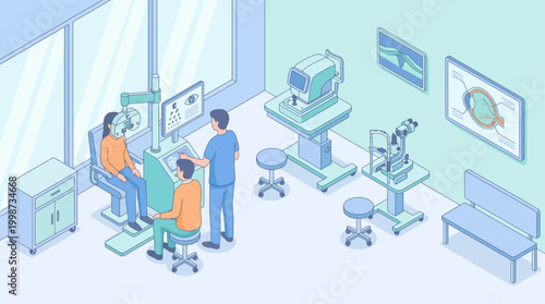 Isometric Ophthalmology Clinic Layout with Doctor Performing Eye Exam on Patient in Medical Office