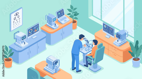 Isometric Ophthalmology Clinic Layout with Optometrist Examining Patient Eye, Digital Eye Care Technology and Medical Equipment for Healthcare Presentation and Medical Infographic Design