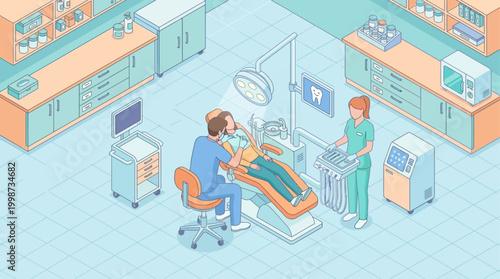 Isometric Dental Clinic Interior with Dentist and Patient, Modern Medical Office Layout for Healthcare Presentation and Dental Care Infographic