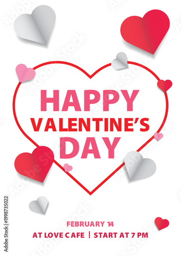 Valentine's day concept poster. Red, white heart frame background. Copy space. Cute love sale banner template, Voucher, Greeting card.