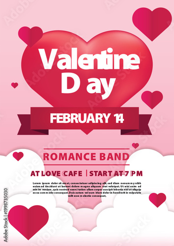 Valentine's day concept poster. Red, white heart frame background. Copy space. Cute love sale banner template, Voucher, Greeting card.