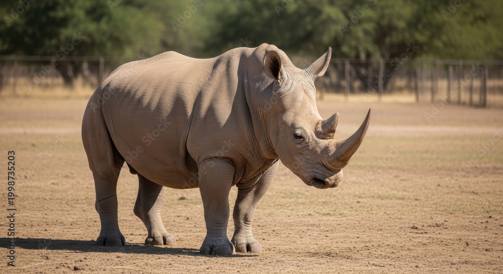 Obraz premium Magnificent rhinoceros standing in its natural habitat under sunlight.