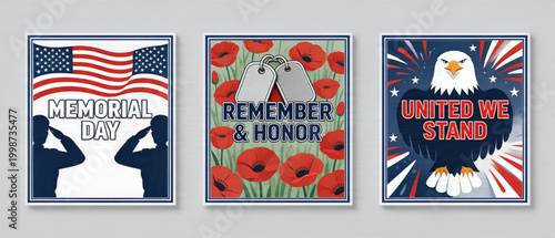 Memorial Day United We Stand Remember and Honor American Flag Eagle Poppies patriotic illustration