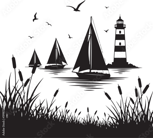 Black and white nautical scene, sailboats, lighthouse, vector illustration, silhouette, sea grass