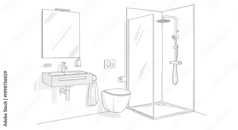Fototapeta premium Modern bathroom interior sketch illustration sink shower and toilet fixtures