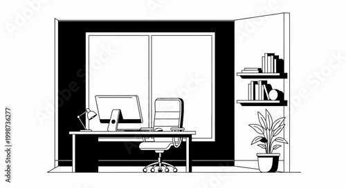 Modern office interior illustration desk chair computer bookshelves plants