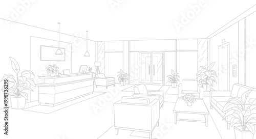 Modern office lobby interior illustration with reception desk and seating area