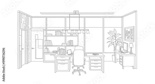 Modern office interior with desk chair bookshelves and large window