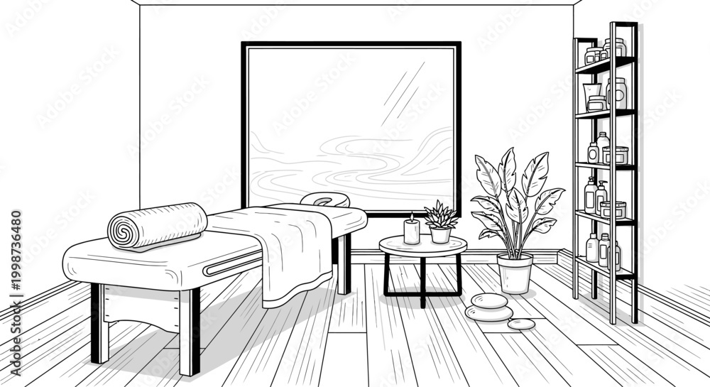 Fototapeta premium Spa interior illustration massage bed plant shelves relaxing atmosphere