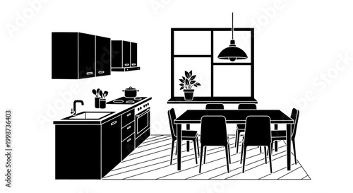 Monochrome kitchen illustration with dining area suitable for various design projects