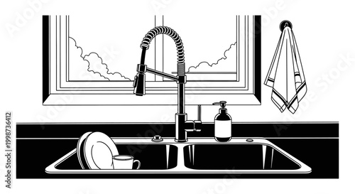 Monochrome kitchen sink with dishes faucet window and towel illustration